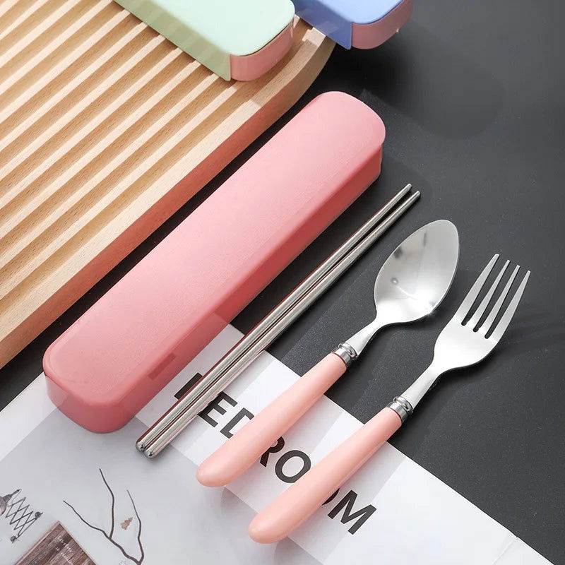 410 Stainless Steel Chopsticks Tableware Portable Fork Spoon Student Office Worker Three-piece Cute Storage Box cutlery set - Slobuy
