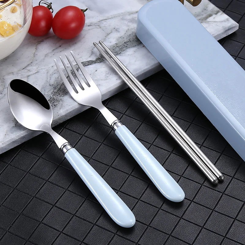 410 Stainless Steel Chopsticks Tableware Portable Fork Spoon Student Office Worker Three-piece Cute Storage Box cutlery set - Slobuy