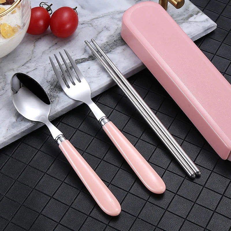 410 Stainless Steel Chopsticks Tableware Portable Fork Spoon Student Office Worker Three-piece Cute Storage Box cutlery set - Slobuy