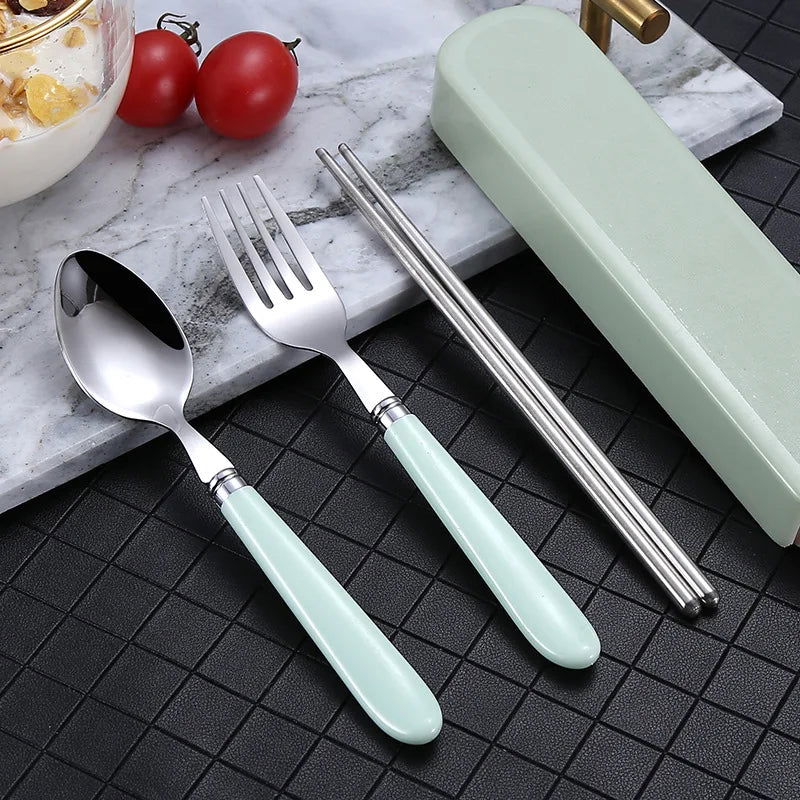 410 Stainless Steel Chopsticks Tableware Portable Fork Spoon Student Office Worker Three-piece Cute Storage Box cutlery set - Slobuy