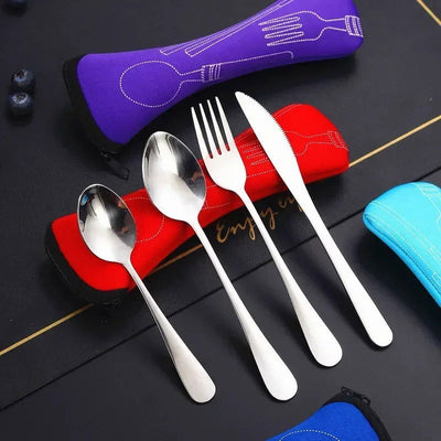 3/4PCS Stainless Steel Tableware  Main Pieces Knife Sets Portable Travel Packaging Storage Box Cutlery Picnic Fork Spoon Bag - Slobuy