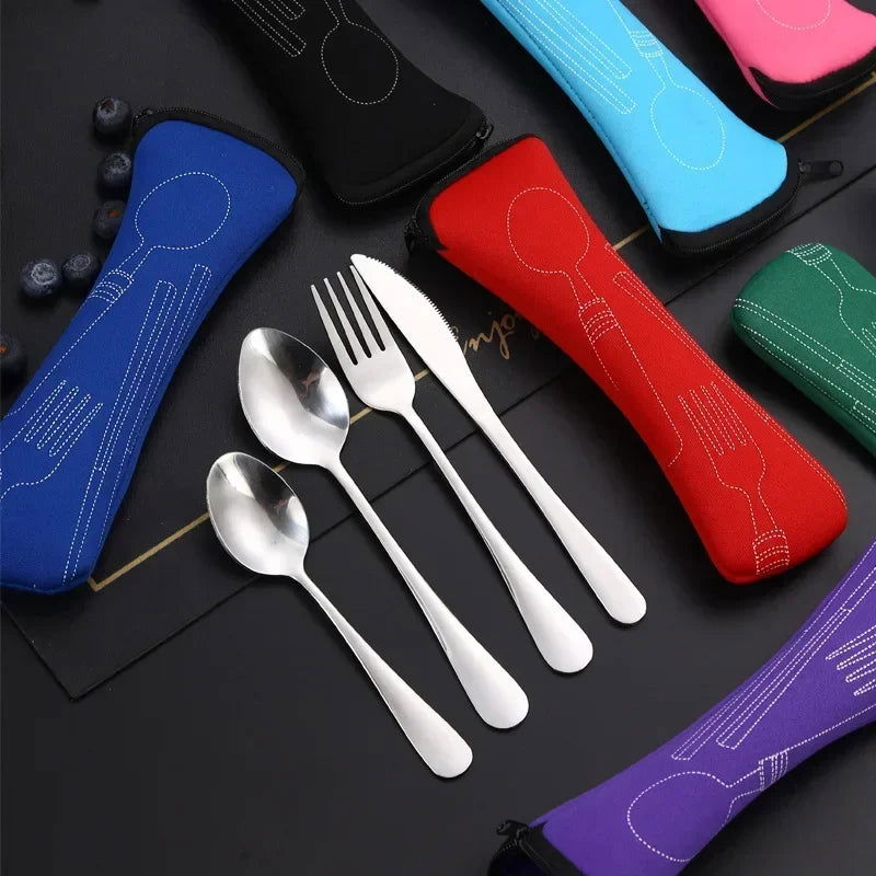 3/4PCS Stainless Steel Tableware  Main Pieces Knife Sets Portable Travel Packaging Storage Box Cutlery Picnic Fork Spoon Bag - Slobuy