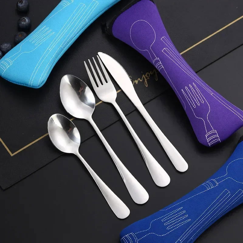 3/4PCS Stainless Steel Tableware  Main Pieces Knife Sets Portable Travel Packaging Storage Box Cutlery Picnic Fork Spoon Bag - Slobuy