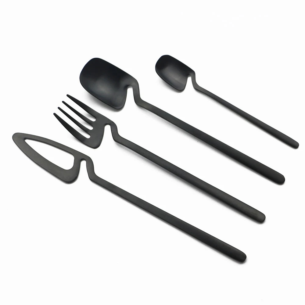 4Pcs Black Dinnerware Set Spoon Fork Cutlery Set Kitchen Table Decor Flatware Sets Kitchen Tools Desserts Soup Coffee Use - Slobuy