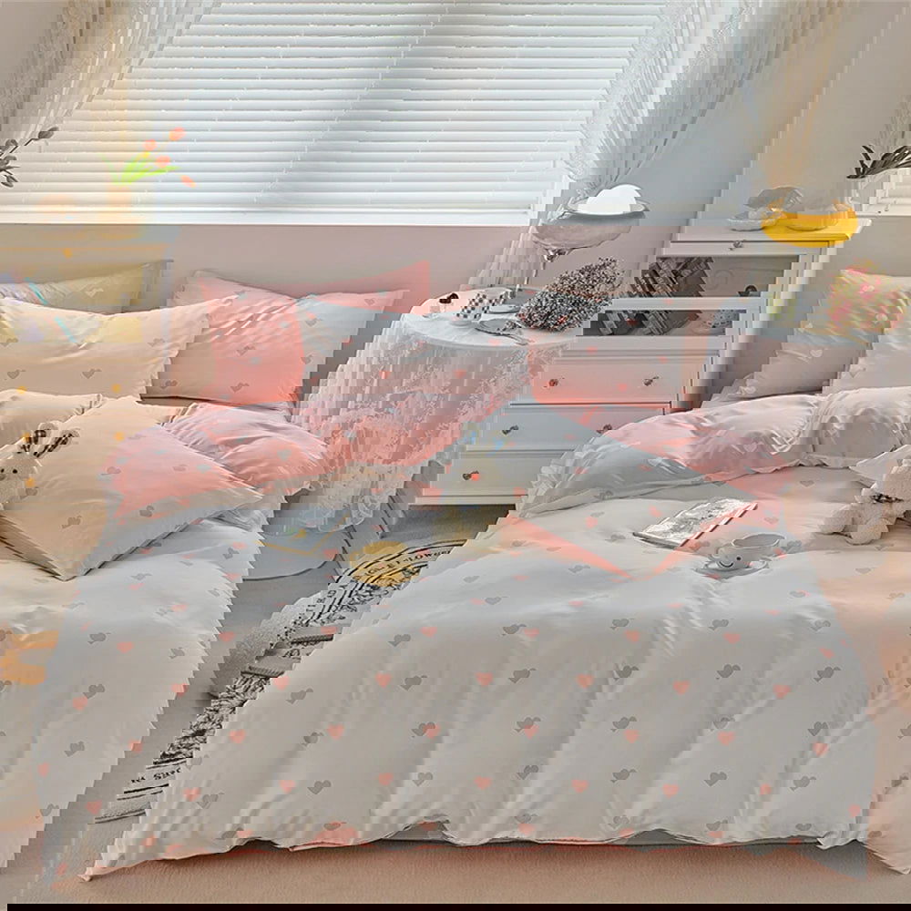 4Pcs，Love Pattern Printed Milled Duvet Cover Set Princess Style Milled Duvet Cover Set Home Milled Duvet Cover Set - Slobuy