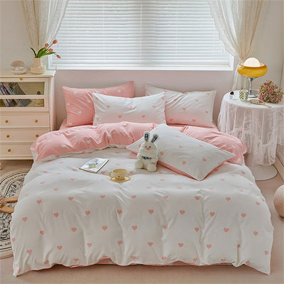 4Pcs，Love Pattern Printed Milled Duvet Cover Set Princess Style Milled Duvet Cover Set Home Milled Duvet Cover Set - Slobuy