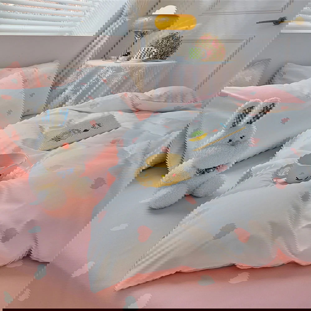 4Pcs，Love Pattern Printed Milled Duvet Cover Set Princess Style Milled Duvet Cover Set Home Milled Duvet Cover Set - Slobuy