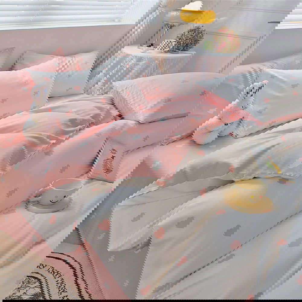 4Pcs，Love Pattern Printed Milled Duvet Cover Set Princess Style Milled Duvet Cover Set Home Milled Duvet Cover Set - Slobuy