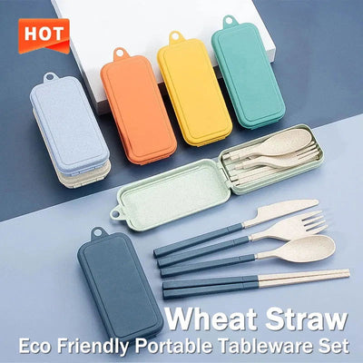 4Pcs Portable Tableware Set Wheat Straw Dinnerware Detachable Cutlery Travel Tableware Picnic Dinnerware Set Camping Cutlery Set - Slobuy