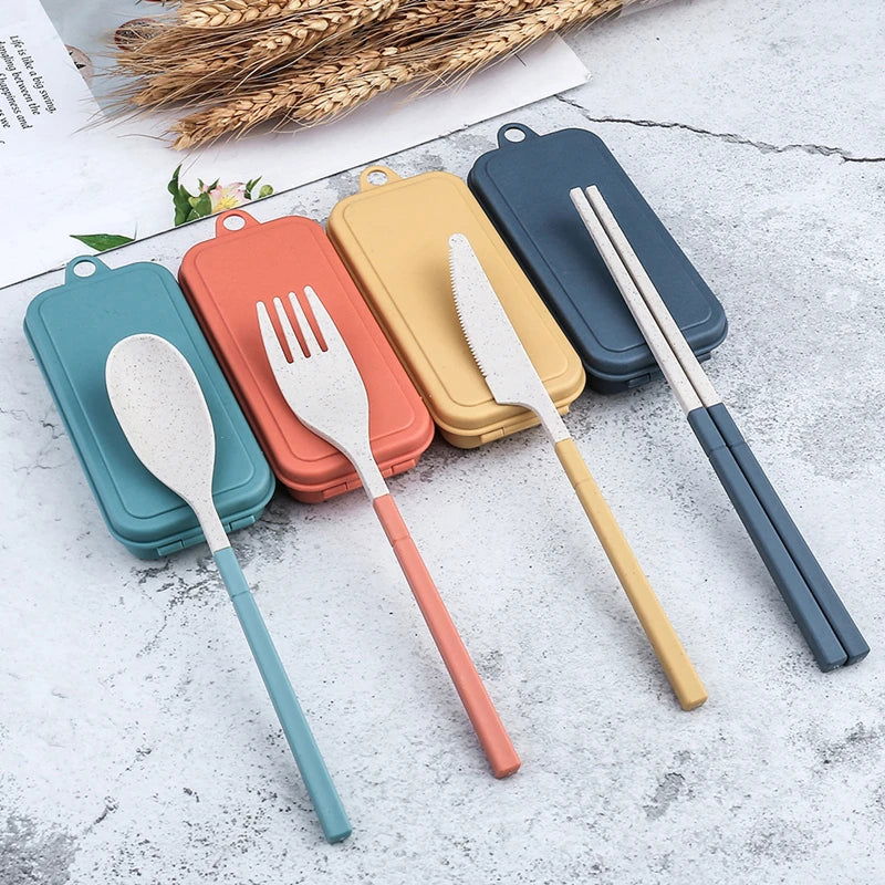 4Pcs Portable Tableware Set Wheat Straw Dinnerware Detachable Cutlery Travel Tableware Picnic Dinnerware Set Camping Cutlery Set - Slobuy