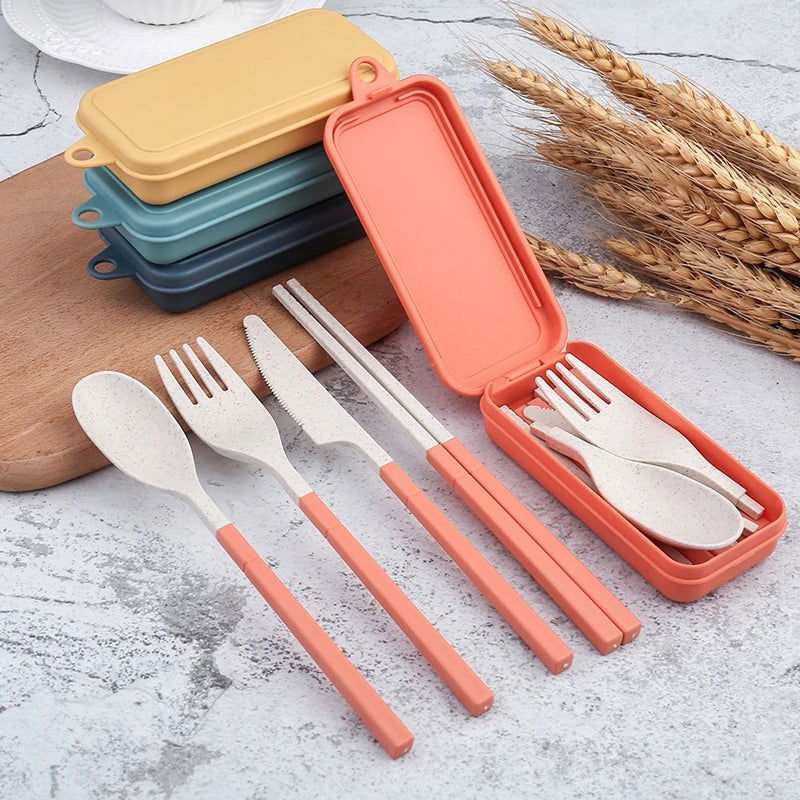 4Pcs Portable Tableware Set Wheat Straw Dinnerware Detachable Cutlery Travel Tableware Picnic Dinnerware Set Camping Cutlery Set - Slobuy