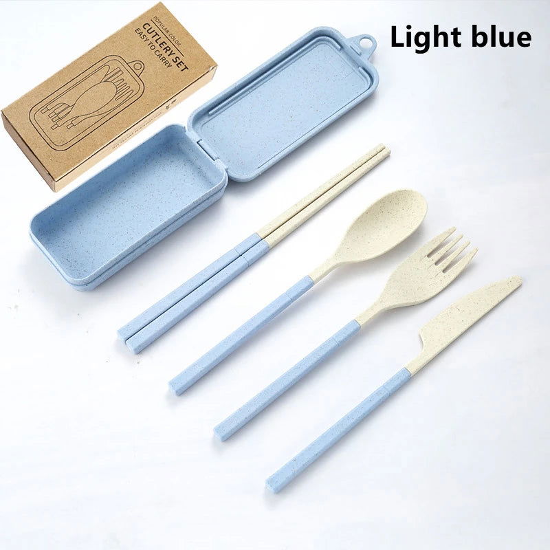 4Pcs Portable Tableware Set Wheat Straw Dinnerware Detachable Cutlery Travel Tableware Picnic Dinnerware Set Camping Cutlery Set - Slobuy