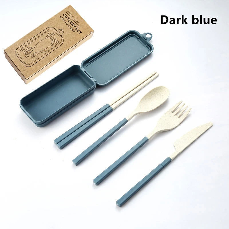 4Pcs Portable Tableware Set Wheat Straw Dinnerware Detachable Cutlery Travel Tableware Picnic Dinnerware Set Camping Cutlery Set - Slobuy