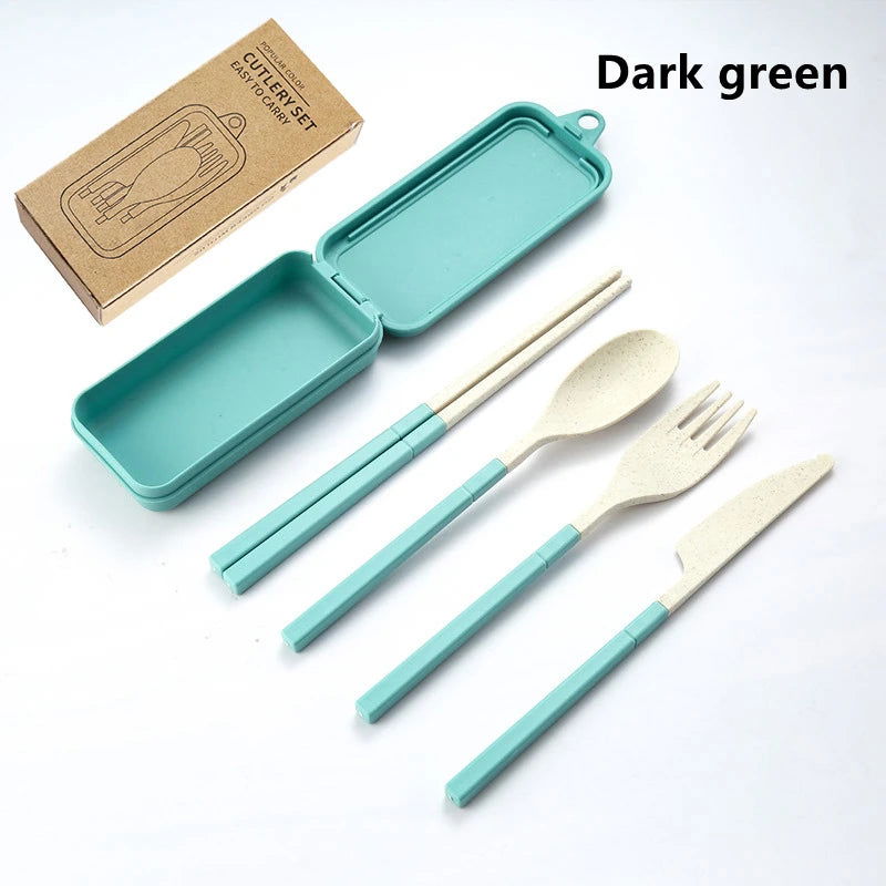 4Pcs Portable Tableware Set Wheat Straw Dinnerware Detachable Cutlery Travel Tableware Picnic Dinnerware Set Camping Cutlery Set - Slobuy