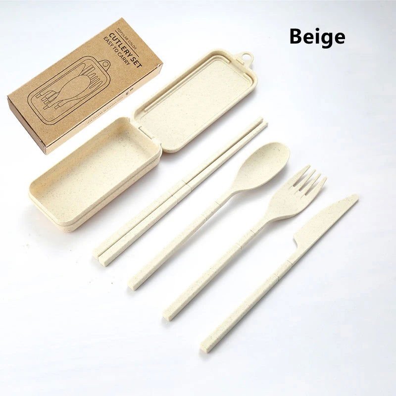 4Pcs Portable Tableware Set Wheat Straw Dinnerware Detachable Cutlery Travel Tableware Picnic Dinnerware Set Camping Cutlery Set - Slobuy