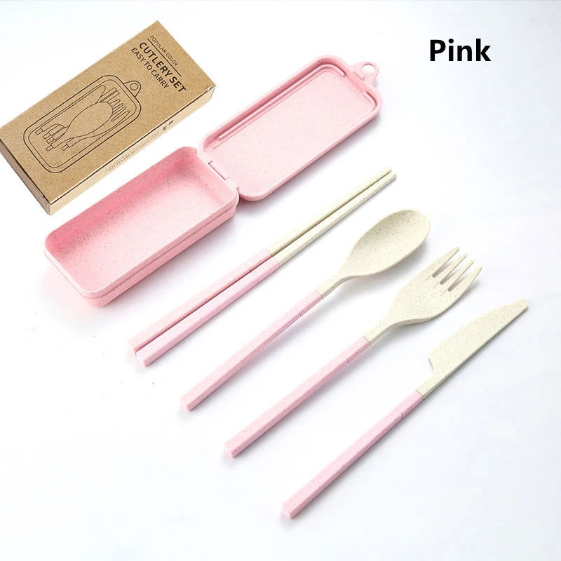 4Pcs Portable Tableware Set Wheat Straw Dinnerware Detachable Cutlery Travel Tableware Picnic Dinnerware Set Camping Cutlery Set - Slobuy