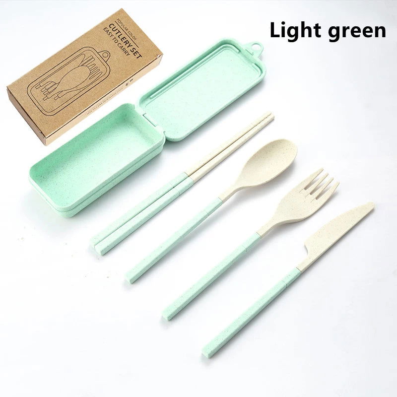 4Pcs Portable Tableware Set Wheat Straw Dinnerware Detachable Cutlery Travel Tableware Picnic Dinnerware Set Camping Cutlery Set - Slobuy