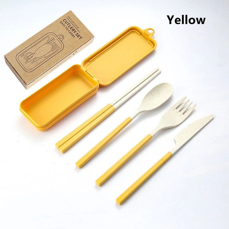 4Pcs Portable Tableware Set Wheat Straw Dinnerware Detachable Cutlery Travel Tableware Picnic Dinnerware Set Camping Cutlery Set - Slobuy