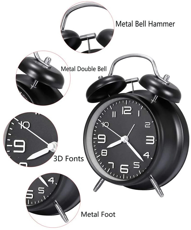 4 Inch Twin Bell Loud Alarm Clock Metal Frame 3D Dial with Backlight Battery Operate Desk Table Alarm Clock For Home and Office - Slobuy
