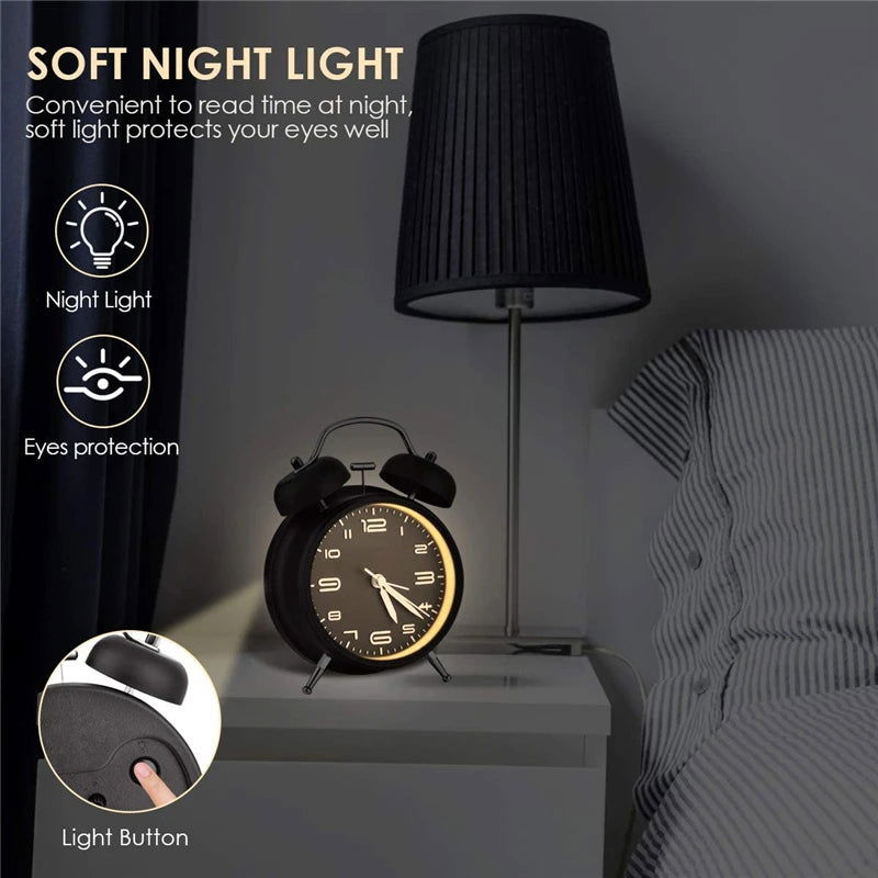 4 Inch Twin Bell Loud Alarm Clock Metal Frame 3D Dial with Backlight Battery Operate Desk Table Alarm Clock For Home and Office - Slobuy
