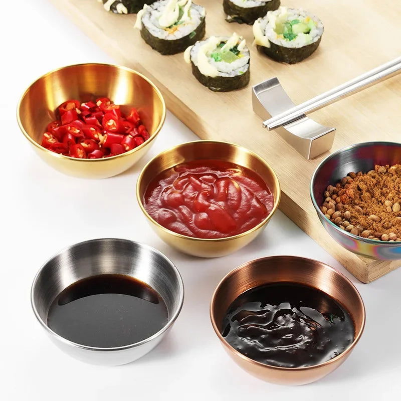 4pcs 2pcs Stainless Steel Golden Sauce Dishes Appetizer Seasoning Serving Dishes Sets Tray Spice Plates Kitchen Tableware - Slobuy