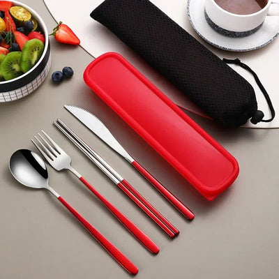 4pcs 304 Tableware Set Portable Cutlery Dinner Stainless Steel Knife Fork Spoon Chopsticks Travel Flatware With Box For New Year - Slobuy