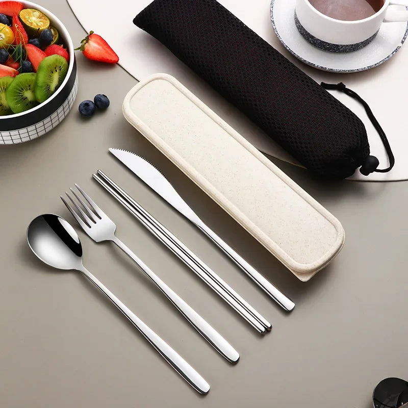 4pcs 304 Tableware Set Portable Cutlery Dinner Stainless Steel Knife Fork Spoon Chopsticks Travel Flatware With Box For New Year - Slobuy