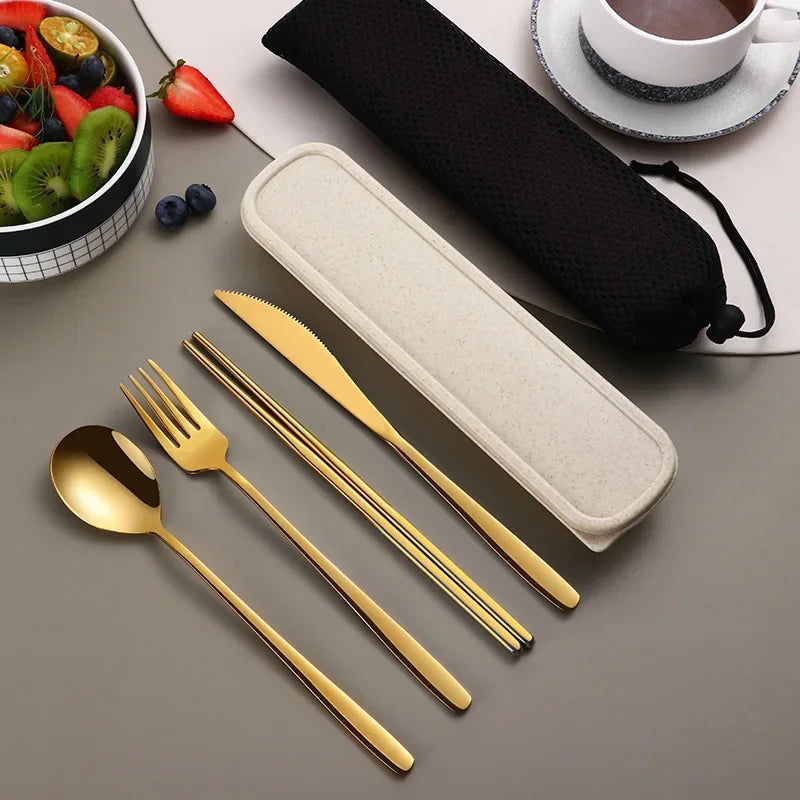 4pcs 304 Tableware Set Portable Cutlery Dinner Stainless Steel Knife Fork Spoon Chopsticks Travel Flatware With Box For New Year - Slobuy