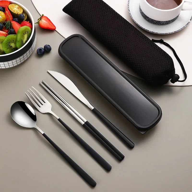 4pcs 304 Tableware Set Portable Cutlery Dinner Stainless Steel Knife Fork Spoon Chopsticks Travel Flatware With Box For New Year - Slobuy