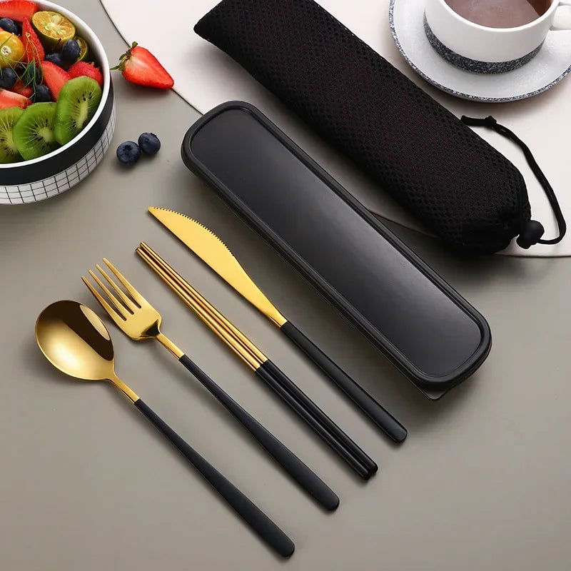 4pcs 304 Tableware Set Portable Cutlery Dinner Stainless Steel Knife Fork Spoon Chopsticks Travel Flatware With Box For New Year - Slobuy