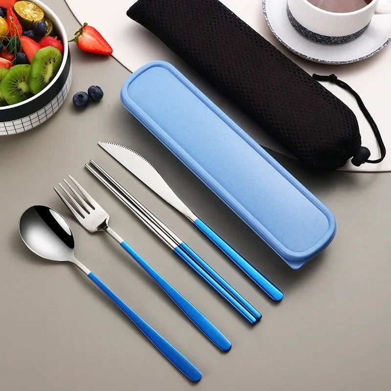 4pcs 304 Tableware Set Portable Cutlery Dinner Stainless Steel Knife Fork Spoon Chopsticks Travel Flatware With Box For New Year - Slobuy