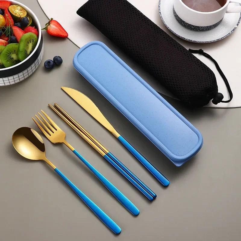 4pcs 304 Tableware Set Portable Cutlery Dinner Stainless Steel Knife Fork Spoon Chopsticks Travel Flatware With Box For New Year - Slobuy