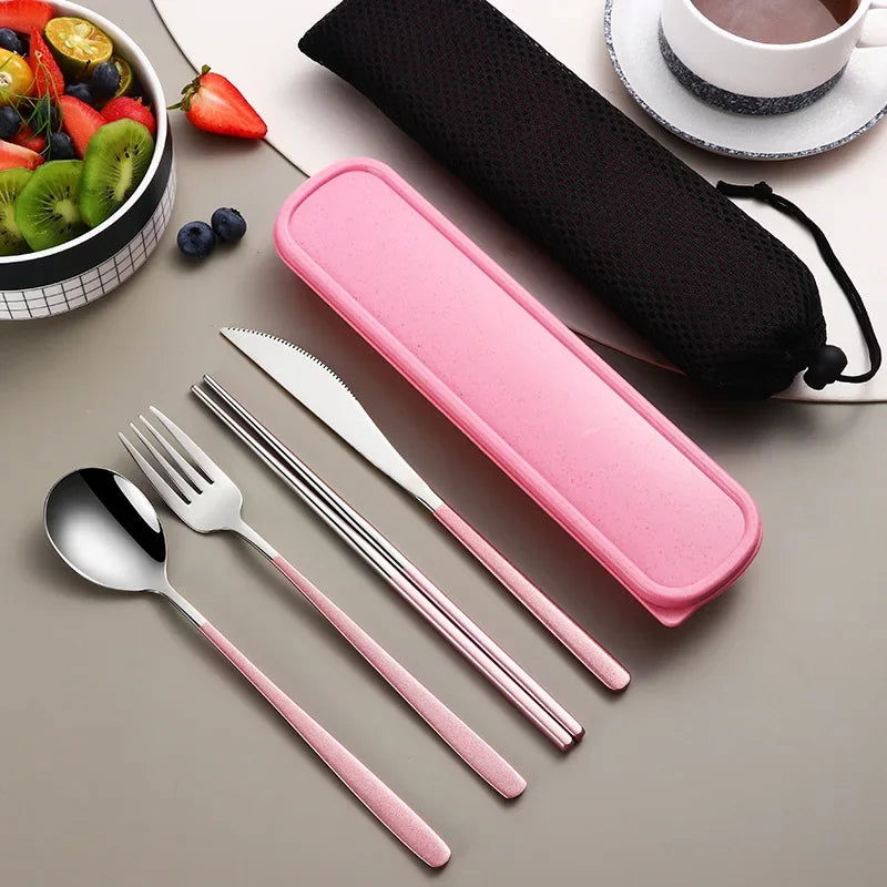 4pcs 304 Tableware Set Portable Cutlery Dinner Stainless Steel Knife Fork Spoon Chopsticks Travel Flatware With Box For New Year - Slobuy