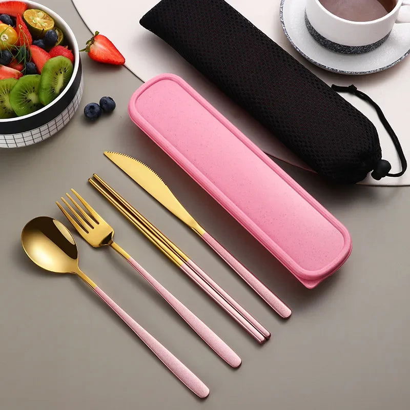 4pcs 304 Tableware Set Portable Cutlery Dinner Stainless Steel Knife Fork Spoon Chopsticks Travel Flatware With Box For New Year - Slobuy