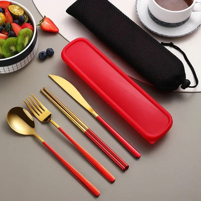 4pcs 304 Tableware Set Portable Cutlery Dinner Stainless Steel Knife Fork Spoon Chopsticks Travel Flatware With Box For New Year - Slobuy