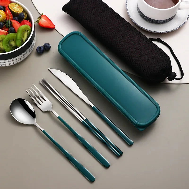 4pcs 304 Tableware Set Portable Cutlery Dinner Stainless Steel Knife Fork Spoon Chopsticks Travel Flatware With Box For New Year - Slobuy