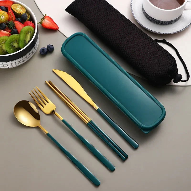 4pcs 304 Tableware Set Portable Cutlery Dinner Stainless Steel Knife Fork Spoon Chopsticks Travel Flatware With Box For New Year - Slobuy