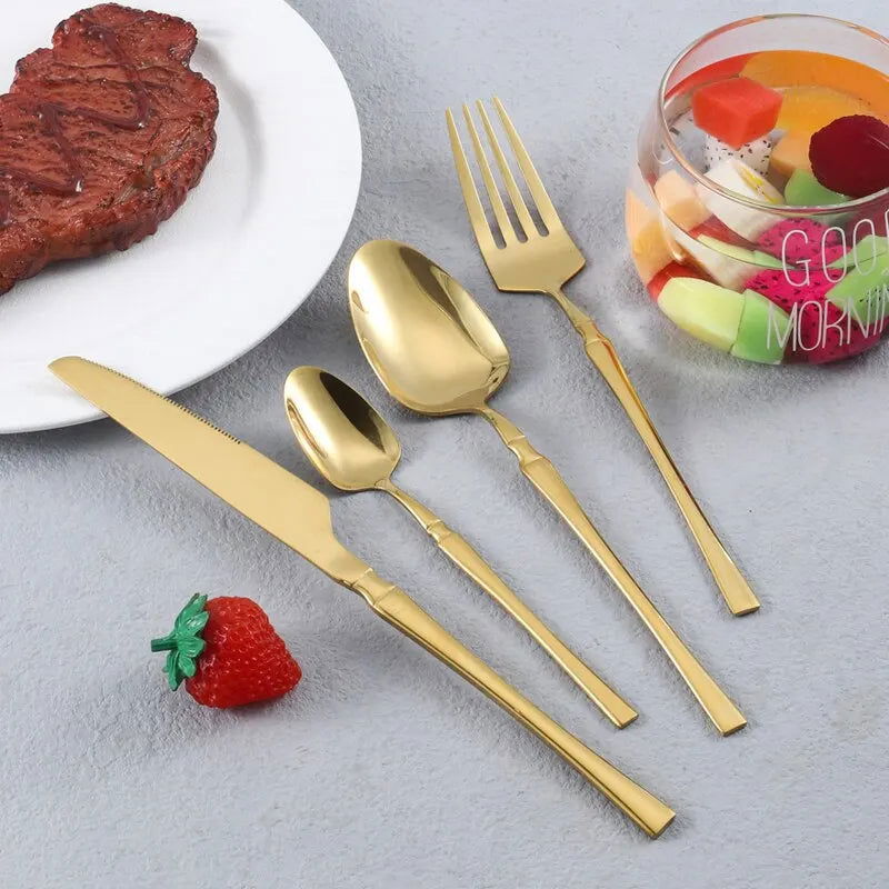 4pcs Cutlery Set Gold Dinnerware Stainless Steel Silverware Knife Fork Spoon Tableware Flatware Set Kitchen Accessories - Slobuy