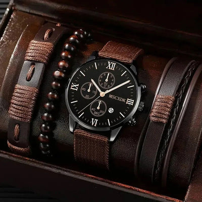 4pcs Quartz Watches Bracelet Watch Set For Men Business Fashion Casual Round Pointer Calendar Watch Accessories - Slobuy