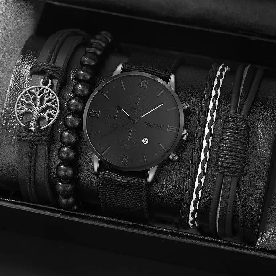4pcs Quartz Watches Bracelet Watch Set For Men Business Fashion Casual Round Pointer Calendar Watch Accessories - Slobuy