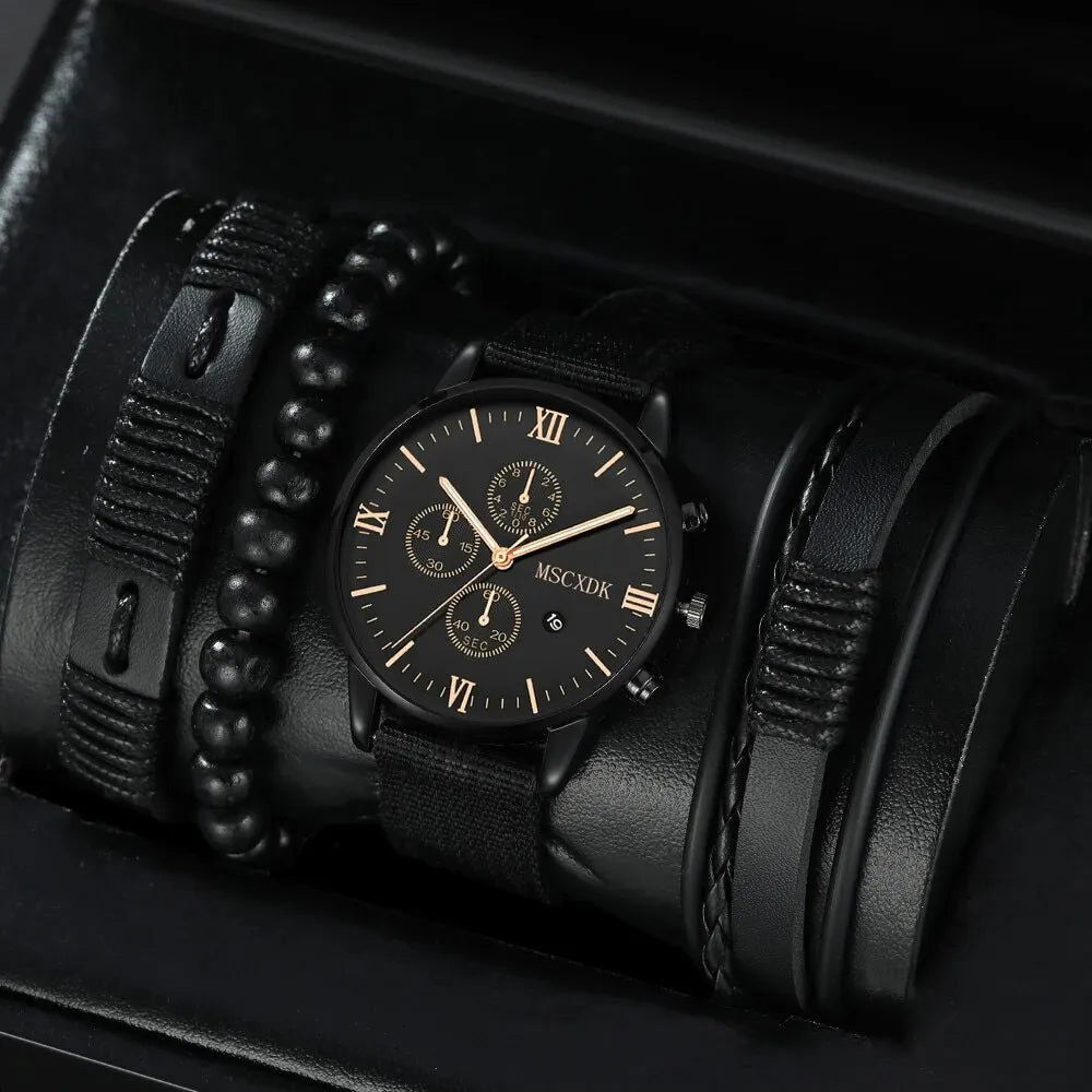 4pcs Quartz Watches Bracelet Watch Set For Men Business Fashion Casual Round Pointer Calendar Watch Accessories - Slobuy