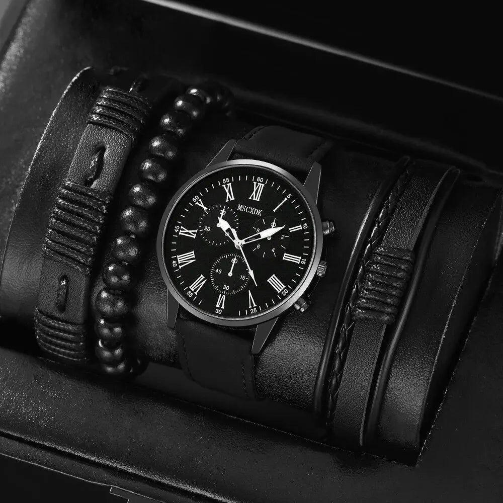 4pcs Quartz Watches Bracelet Watch Set For Men Business Fashion Casual Round Pointer Calendar Watch Accessories - Slobuy