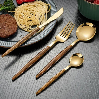 4pcs Stainless Steel Imitation Wooden Handle Cutlery Set Dinnerware Clamp Western Tableware Knife Fork Tea Spoon - Slobuy