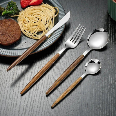 4pcs Stainless Steel Imitation Wooden Handle Cutlery Set Dinnerware Clamp Western Tableware Knife Fork Tea Spoon - Slobuy