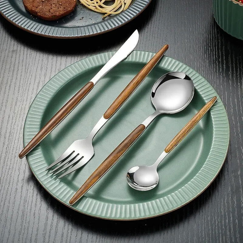 4pcs Stainless Steel Imitation Wooden Handle Cutlery Set Dinnerware Clamp Western Tableware Knife Fork Tea Spoon - Slobuy