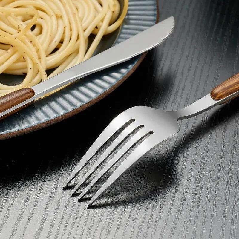 4pcs Stainless Steel Imitation Wooden Handle Cutlery Set Dinnerware Clamp Western Tableware Knife Fork Tea Spoon - Slobuy