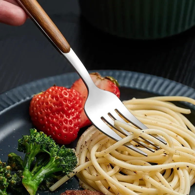 4pcs Stainless Steel Imitation Wooden Handle Cutlery Set Dinnerware Clamp Western Tableware Knife Fork Tea Spoon - Slobuy