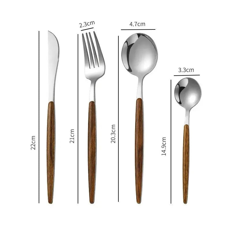 4pcs Stainless Steel Imitation Wooden Handle Cutlery Set Dinnerware Clamp Western Tableware Knife Fork Tea Spoon - Slobuy