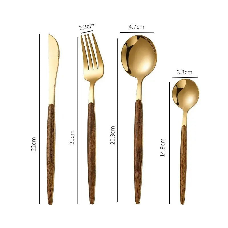 4pcs Stainless Steel Imitation Wooden Handle Cutlery Set Dinnerware Clamp Western Tableware Knife Fork Tea Spoon - Slobuy