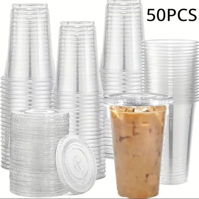 50PCS 16OZ Clear Plastic Cups Flat Lids Disposable Drinking Cups for Party Wedding Drinking Cups Bulk Ice Coffee Milkshakes - Slobuy